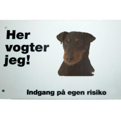 Her vogter jeg! Tysk Jagt Terrier skilt