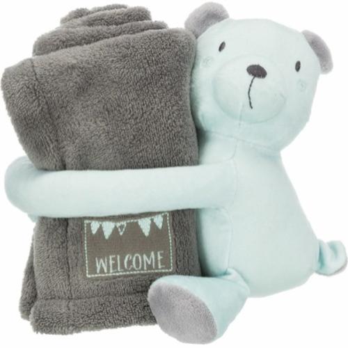 Tæppe med lille sød bamse er det Blødeste plystæppe med tilhørende bamse der omfavner tæppet