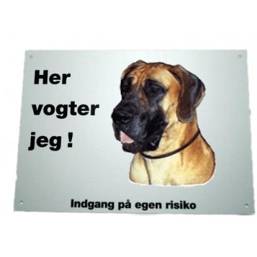 Her vogter jeg! Gul Grand Danois skilt