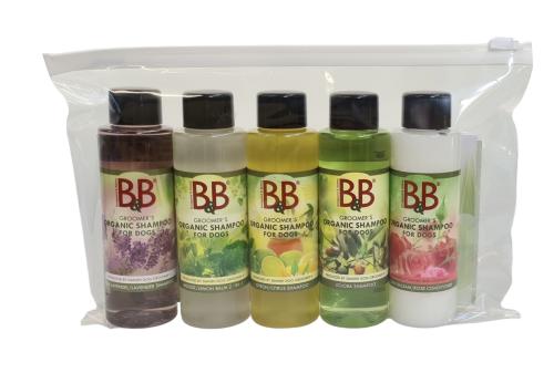 B&B Minibag – 4 shampoos og 1 balsam i praktisk prøvepakke