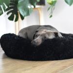 Antistress Donut Seng i sort med skridsikker bund og blød plys til hunde