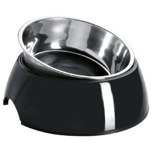 Stilfuld og holdbar – Elegant melamin hundeskål med rustfri stålindsats, perfekt til mad og vand.