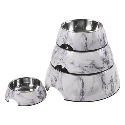 Stilfuld og holdbar – Elegant melamin hundeskål med rustfri stålindsats, perfekt til mad og vand.