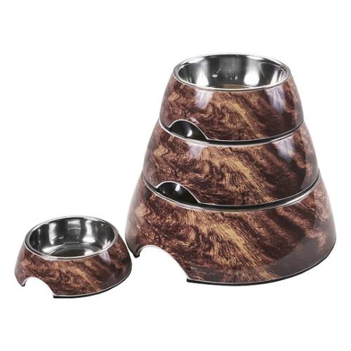 Stilfuld og holdbar – Elegant melamin hundeskål med rustfri stålindsats, perfekt til mad og vand.