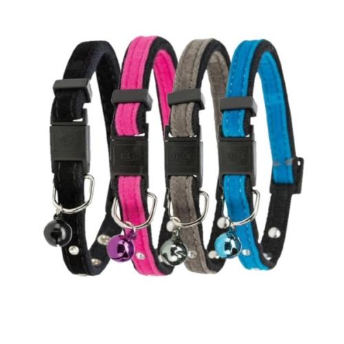 Fløjlsblødt kattehalsbånd med fire rhinsten og sikkerhedslås.