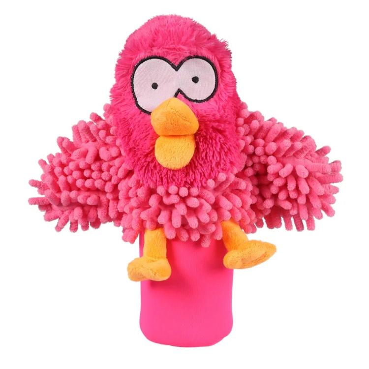 Coockoo Oohoo fuglelegetøj i pink med blødt plys og indbygget knasflaske