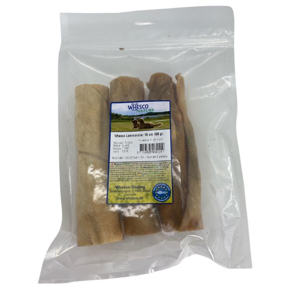 Lammeruller af tørret lammehovedhud som naturlig hundegodbid fra Whesco