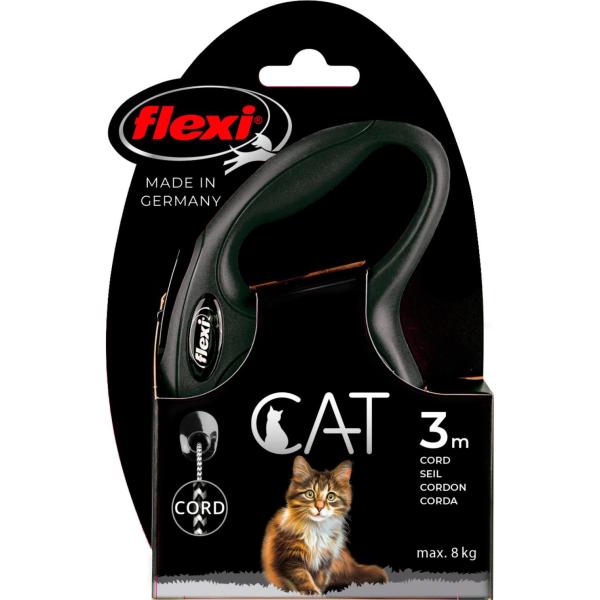 Flexi New Classic CAT rulleline i sort med 3 meter snor til kat