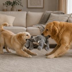 Hund leger med lang elefant bamse i plys