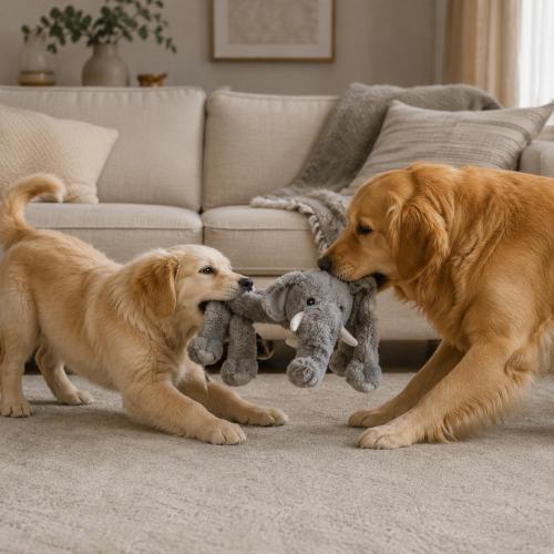 Hund leger med lang elefant bamse i plys