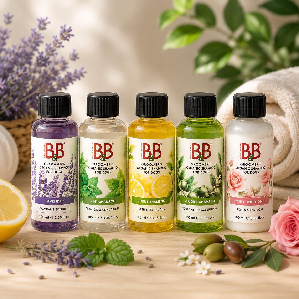 B&B Minibag – 4 shampoos og 1 balsam i praktisk prøvepakke