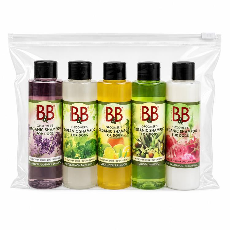 B&B Økologisk Minibag – komplet pelspleje med 4 shampooer og 1 balsam