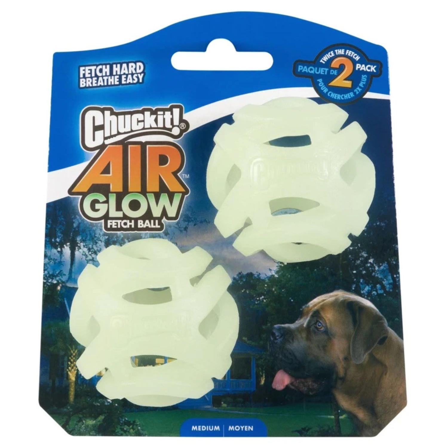 Hund leger med Chuckit Air Glow bold i mørke