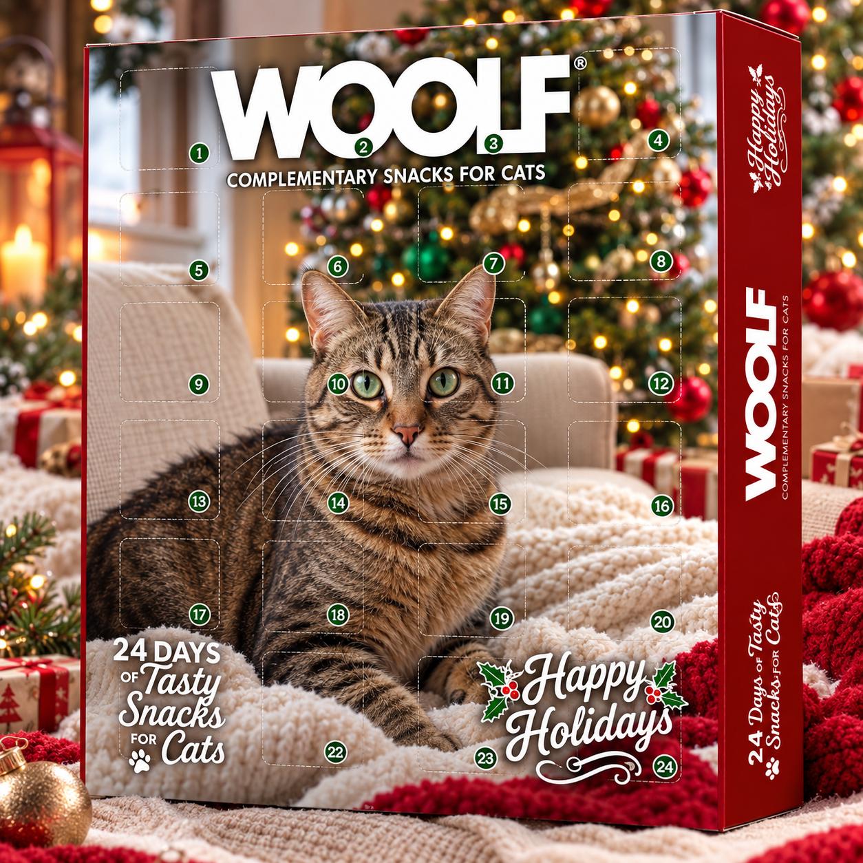 Julekalender fra Woolf med seks forskellige smagsvarianter til katte