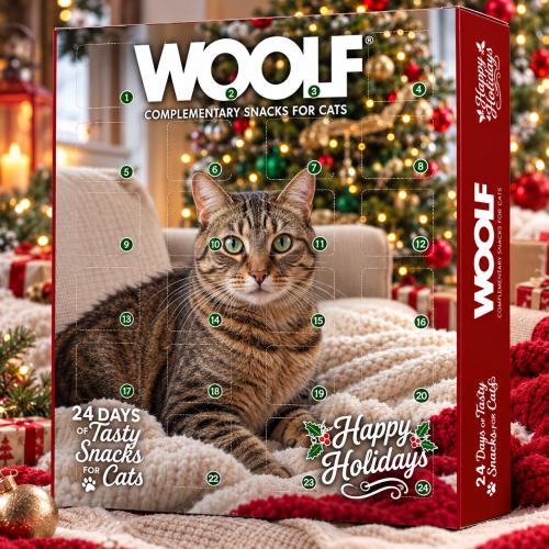 Julekalender fra Woolf med seks forskellige smagsvarianter til katte