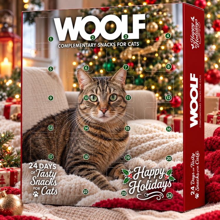 Julekalender fra Woolf med seks forskellige smagsvarianter til katte