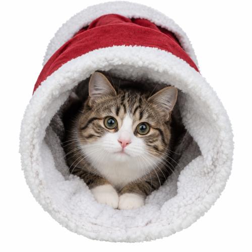Trixie Xmas Tunnel til kat i rød og hvid plys